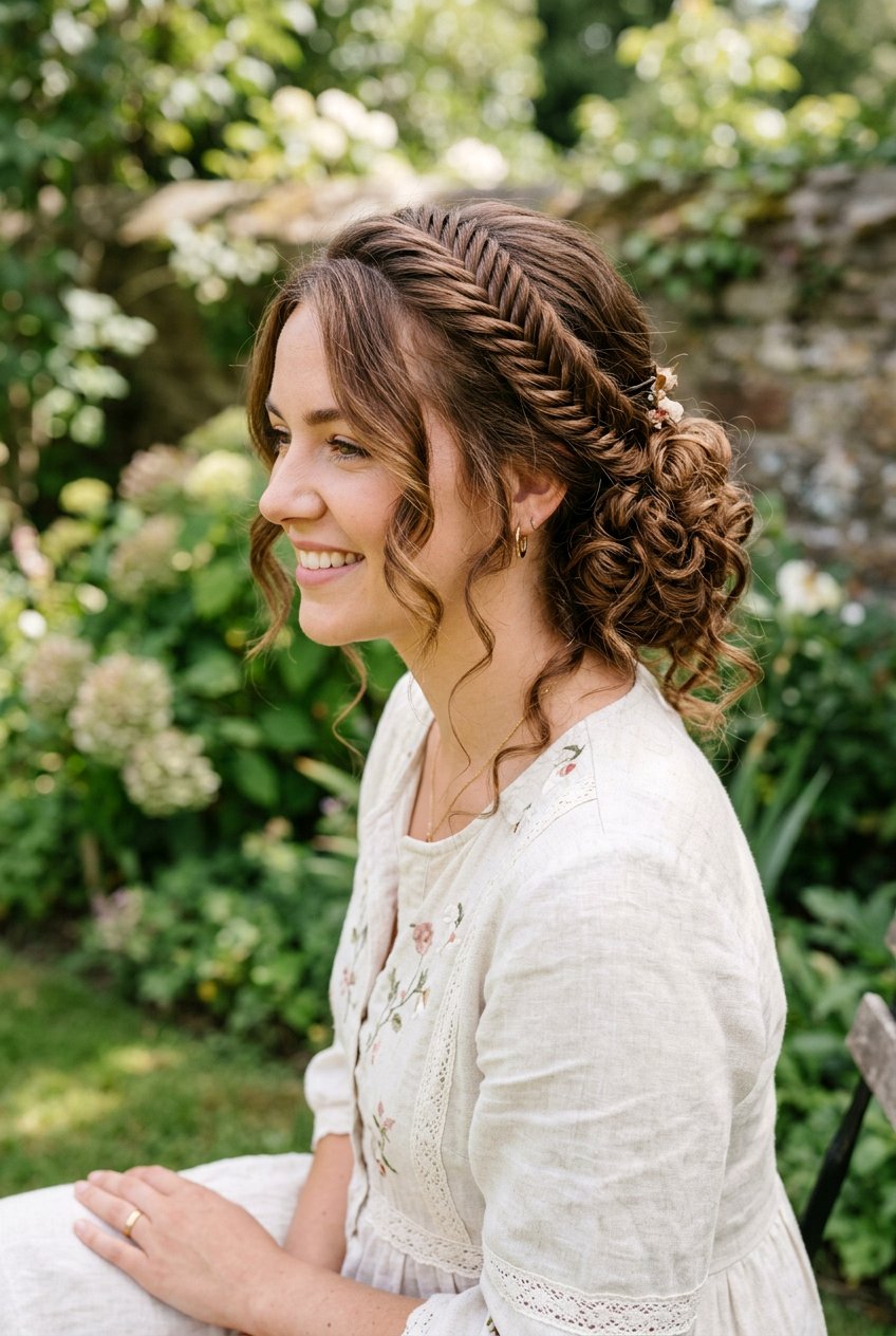 Fishtail Braided Side Bun With Curls - 20 bridesmaid side bun with curls - 20 bridesmaid side bun with curls