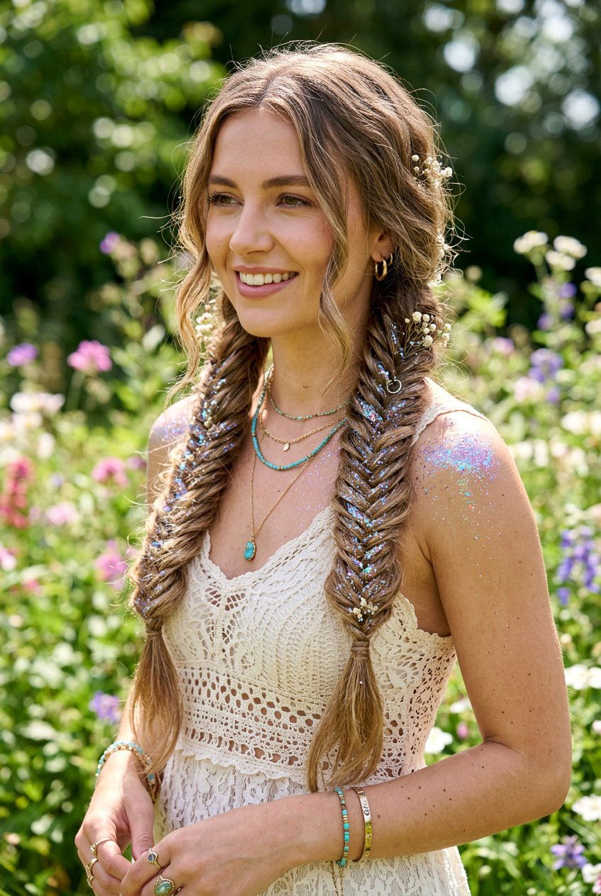 Fishtail Braids With Iridescent Glitter - 20 glitter braid hairstyles - 20 glitter braid hairstyles