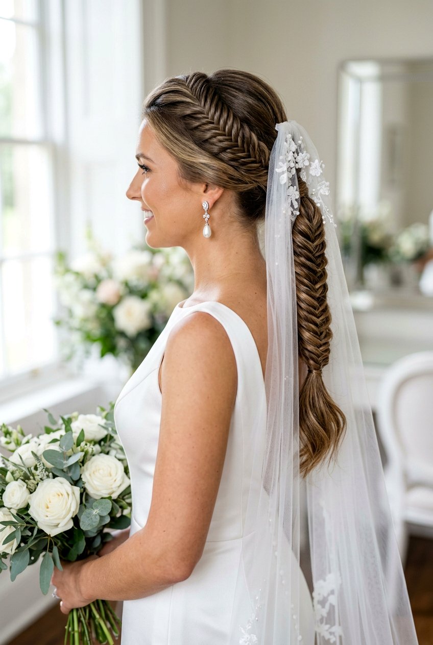 20 Stunning Bridal Braid Ponytail With Veil Ideas For Brides