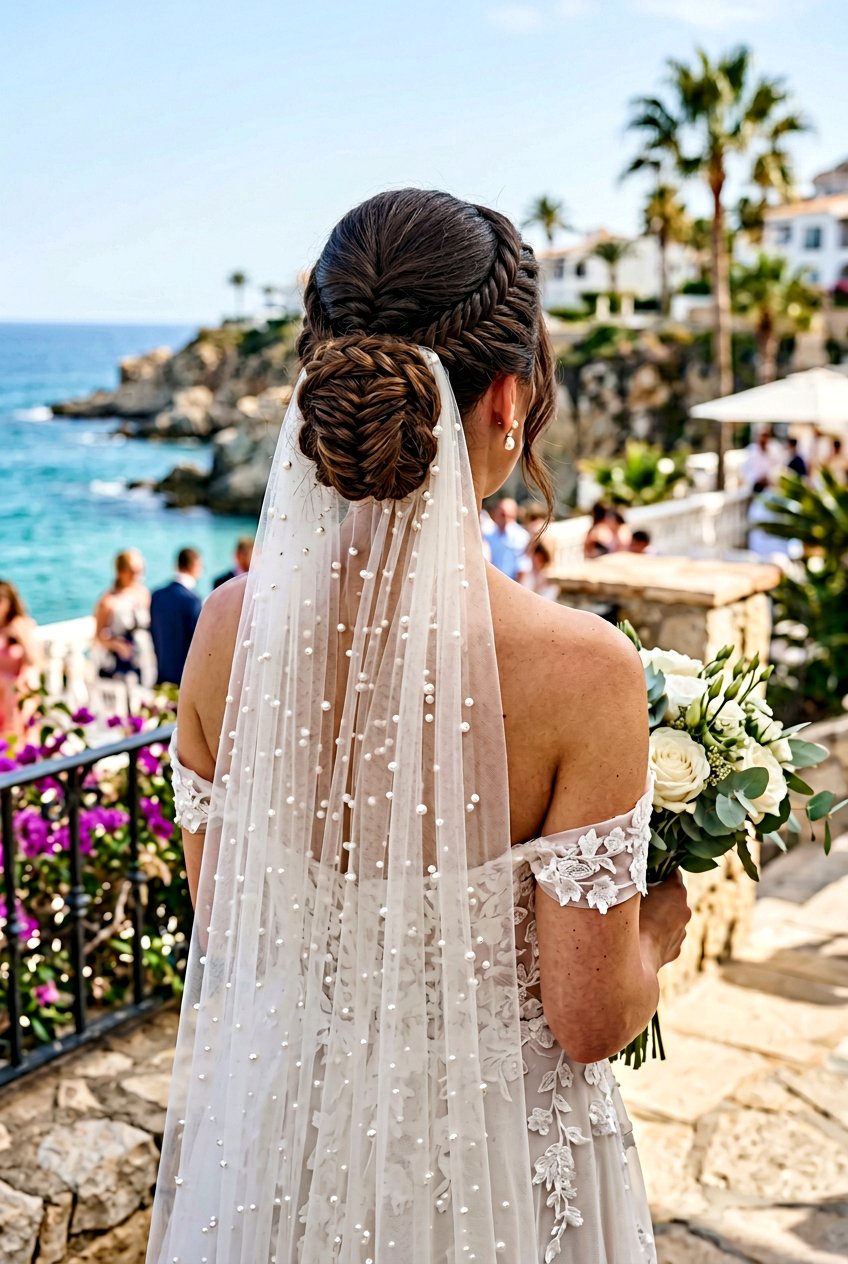 Fishtail Bridal Low Bun With Pearl Veil - 20 bridal low bun with pearl veil - 20 bridal low bun with pearl veil