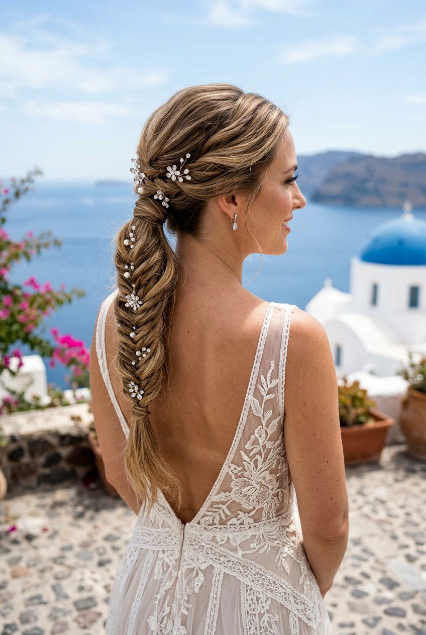 Fishtail Bridal Ponytail With Crystal Pins - 20 bridal ponytail with crystal pins - 20 bridal ponytail with crystal pins