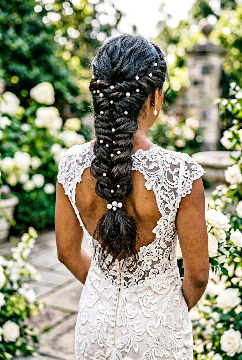 Fishtail Bridal Ponytail With Pearl Pins - 20 bridal ponytail with pearl pins - 20 bridal ponytail with pearl pins
