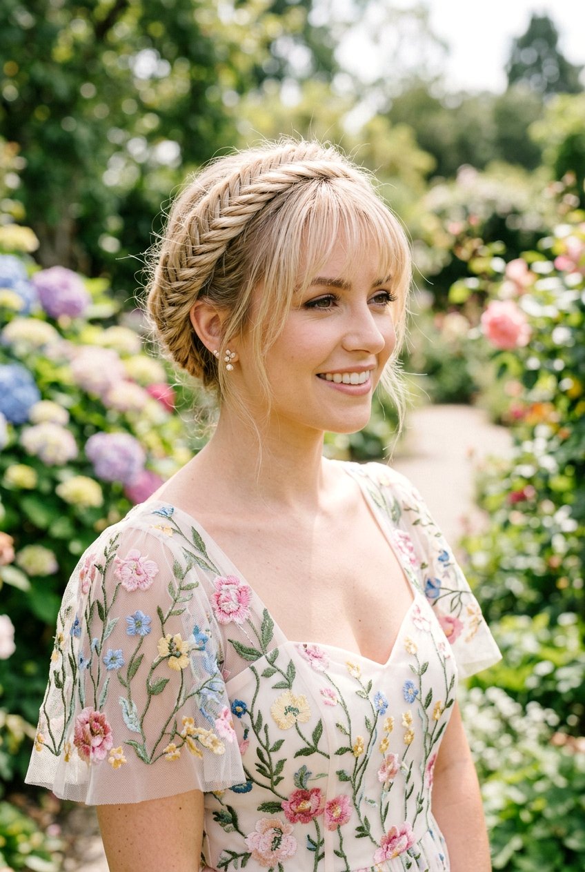 Fishtail Crown With Airy Bangs - 20 wedding guest hairstyle for women with bangs - 20 wedding guest hairstyle for women with bangs