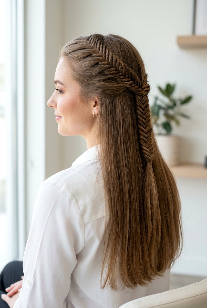 Fishtail Half Updo - 20 easy corporate hairstyle for long hair