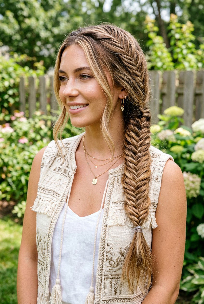 Fishtail Side Braid - 20 road trip hairstyle for long layers - 20 road trip hairstyle for long layers