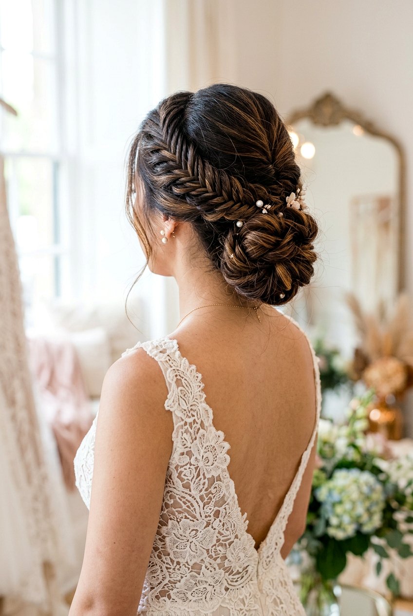 Fishtail Updo - 20 bridal hairstyle for thick wavy hair - 20 bridal hairstyle for thick wavy hair