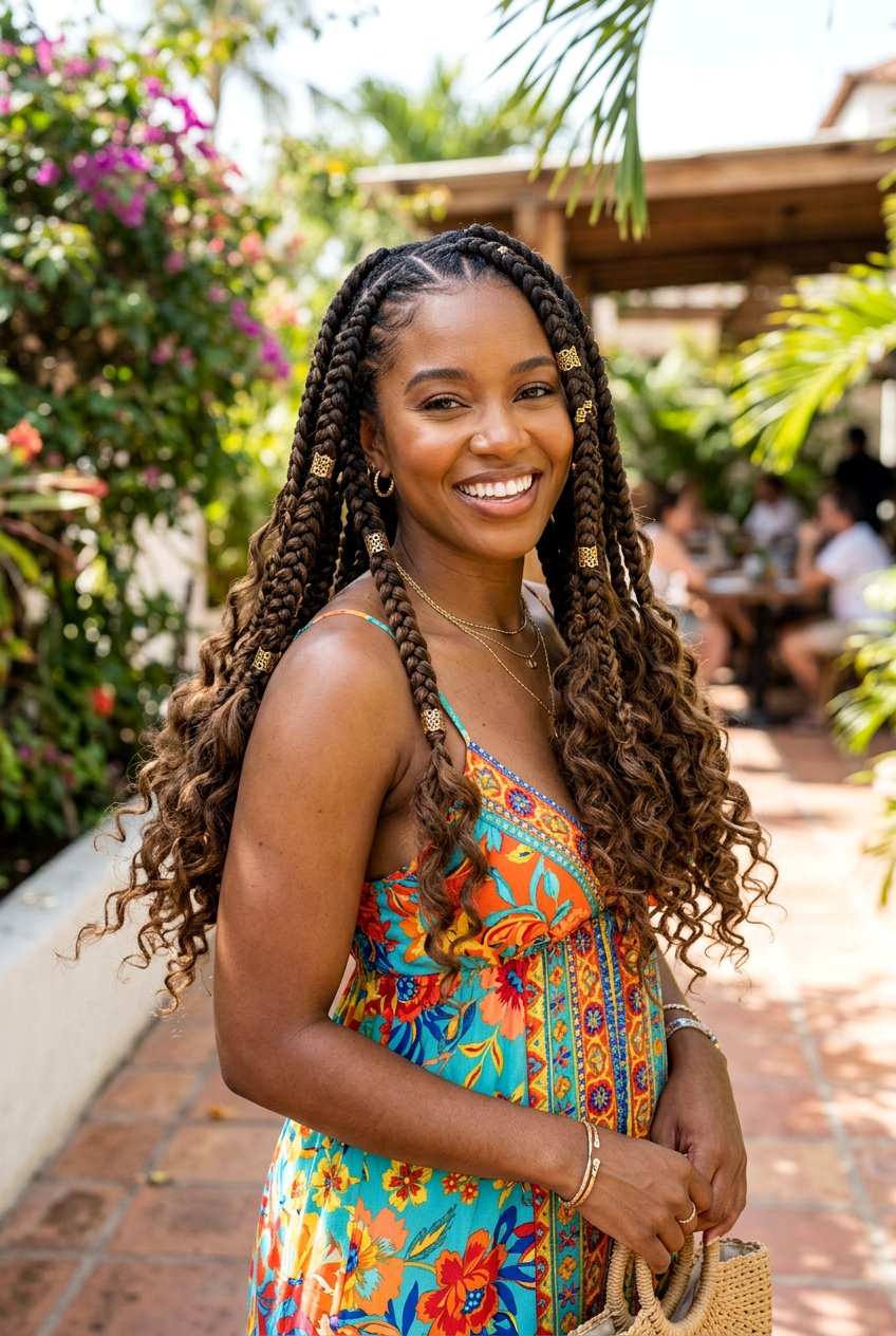 Five Jumbo Braids With Bohemian Curls - 20 straight back cornrows with curly ends - 20 straight back cornrows with curly ends