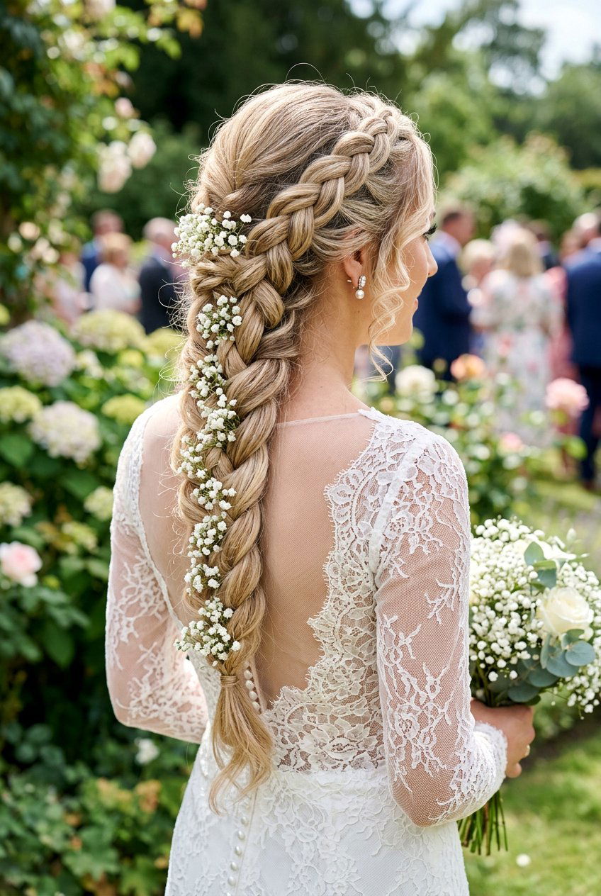 Five Strand Braid With Babys Breath Accent - 20 floral bridal braid hairstyle - 20 floral bridal braid hairstyle