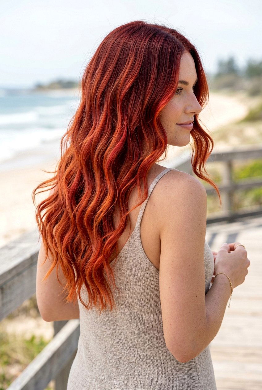 Flaming Red Balayage On Long Hair - 20 fire hair color ideas - 20 fire hair color ideas