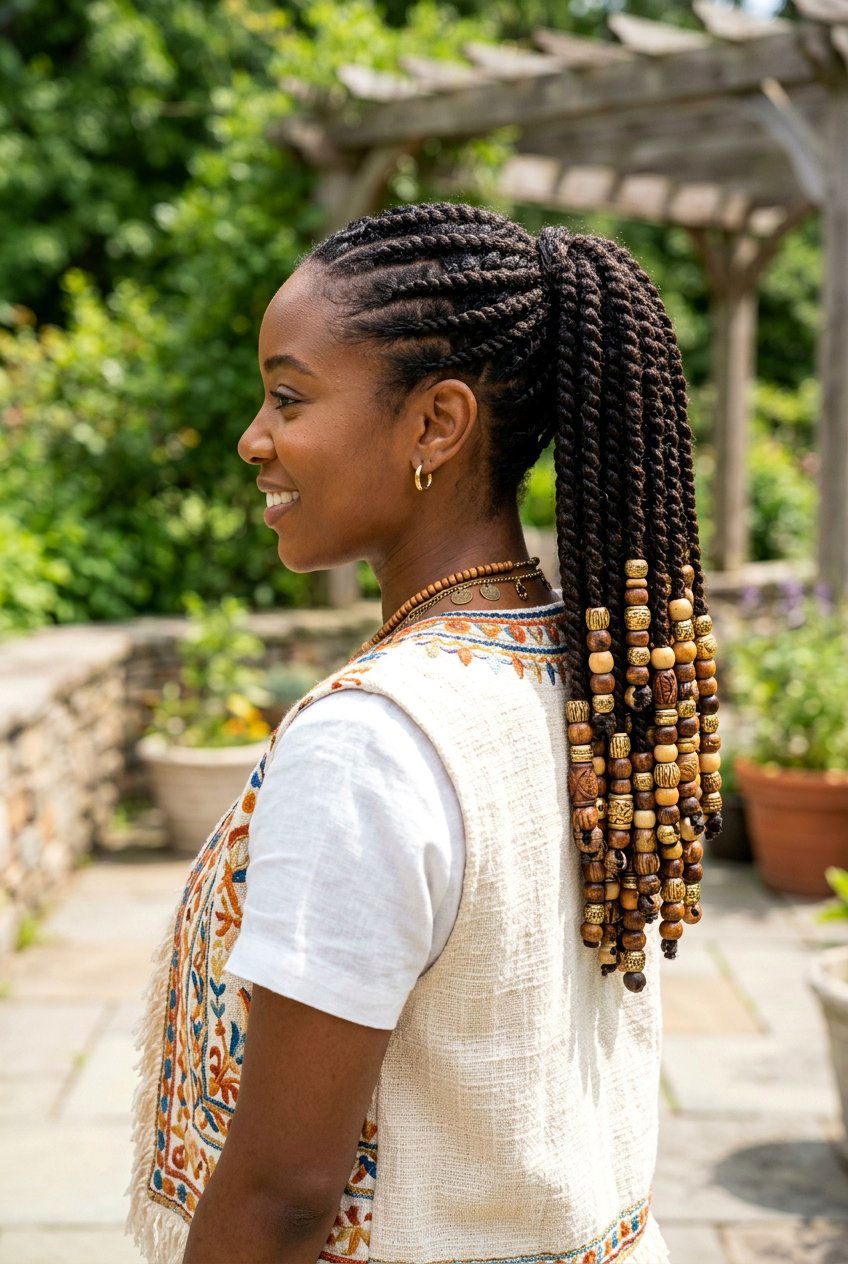 Flat twist ponytail with beads - 20 flat twists into ponytail - 20 flat twists into ponytail
