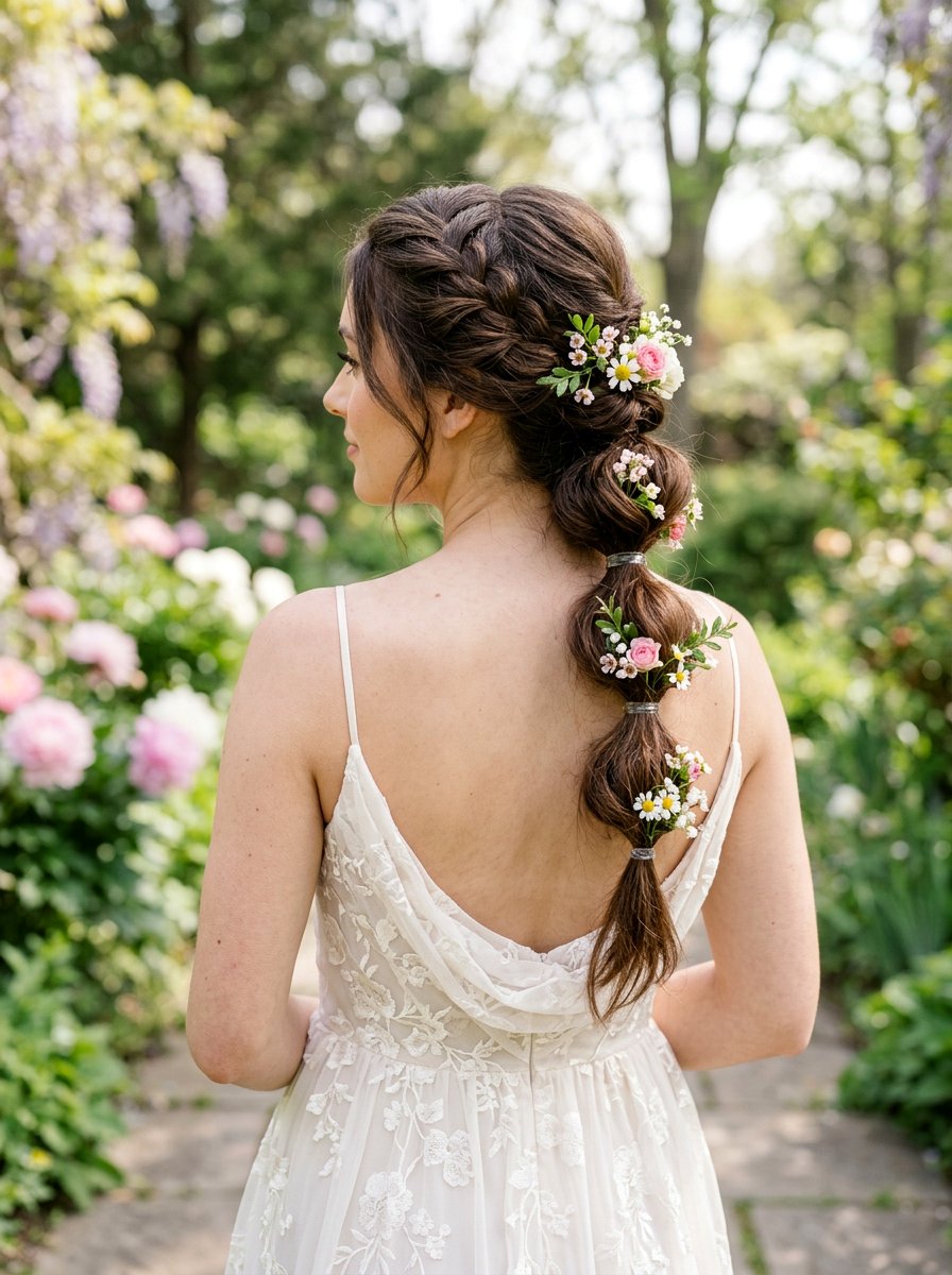 Floral Accent Bubble Braid Updo - 20 party hairstyle with bubble braids - 20 party hairstyle with bubble braids
