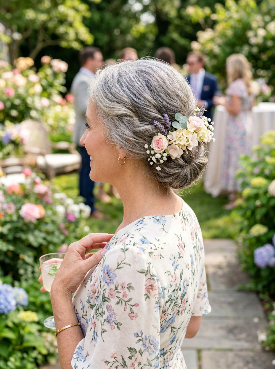 Floral Accent Gray Chignon - 20 elegant gray chignon hairstyle - 20 elegant gray chignon hairstyle