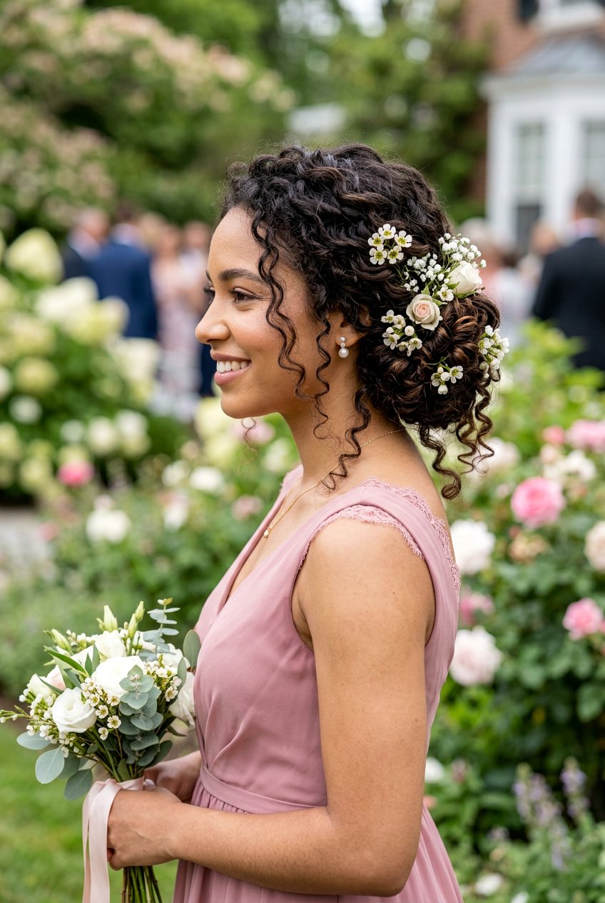 Floral Accent Side Bun With Curls - 20 bridesmaid side bun with curls - 20 bridesmaid side bun with curls