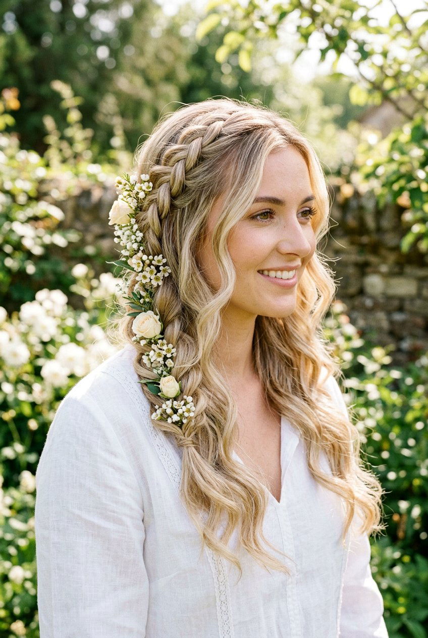 Floral Braid With Loose Waves - 20 floral braid hairstyle - 20 floral braid hairstyle