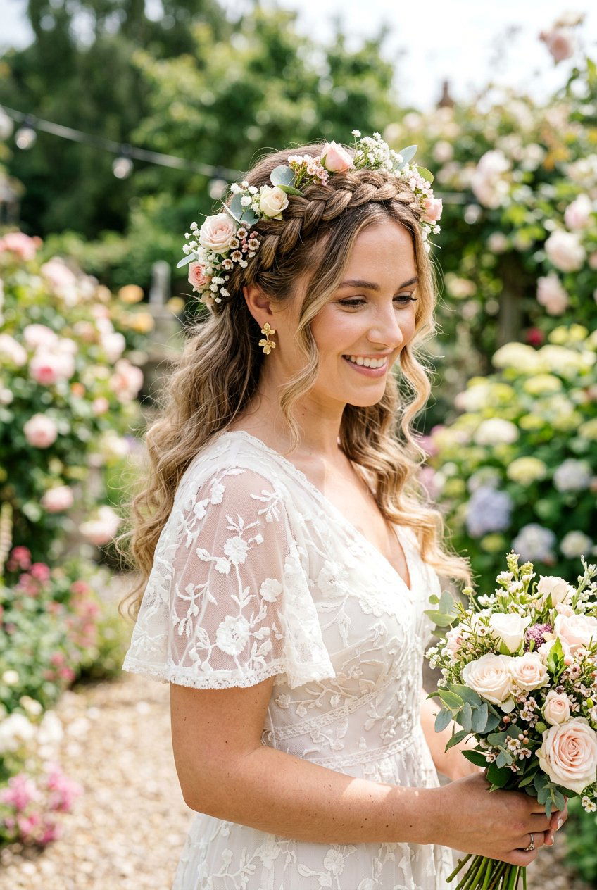 Floral Bridal Braid Crown With Loose Curls - 20 bridal braid crown with loose curls - 20 bridal braid crown with loose curls