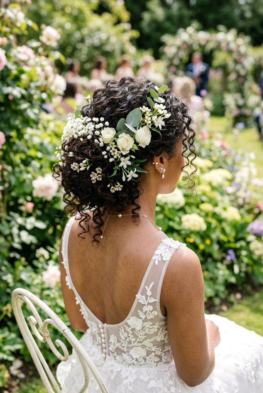 Floral Bridal Curly Updo - 20 bridal hairstyle for long natural curls - 20 bridal hairstyle for long natural curls