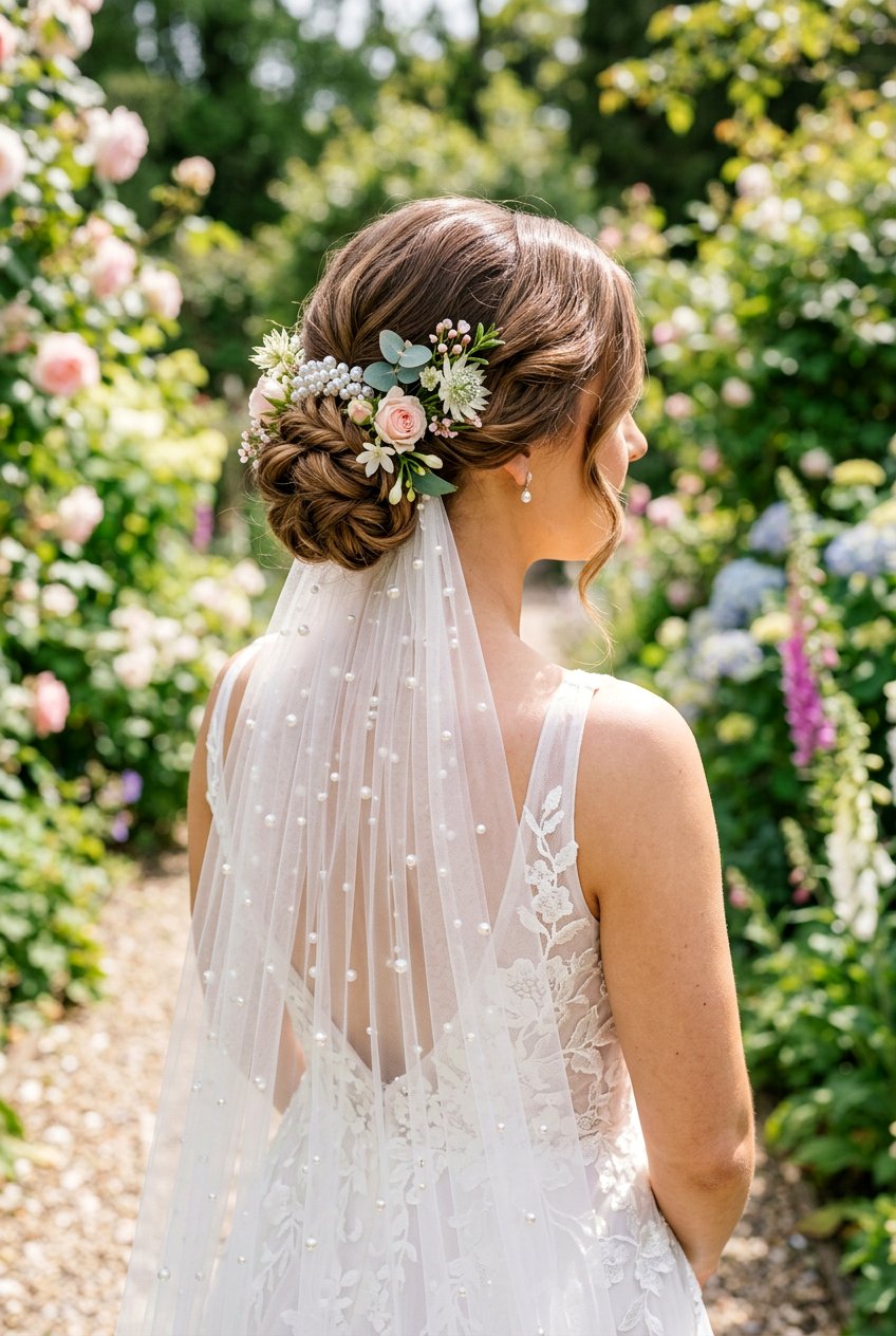 Floral Bridal Low Bun With Pearl Veil - 20 bridal low bun with pearl veil - 20 bridal low bun with pearl veil