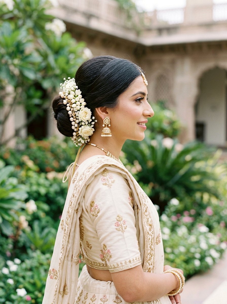 Floral Bun With Pearls - 20 pearl embellished bun hairstyle - 20 pearl embellished bun hairstyle