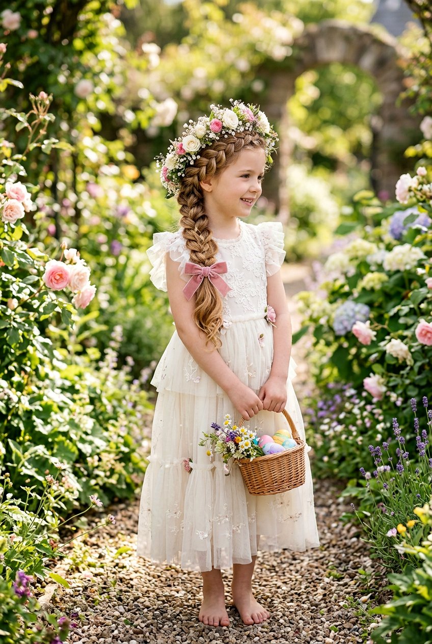Floral Crown Braids With Bow - 20 easter hairstyles for little girls with bows - 20 easter hairstyles for little girls with bows