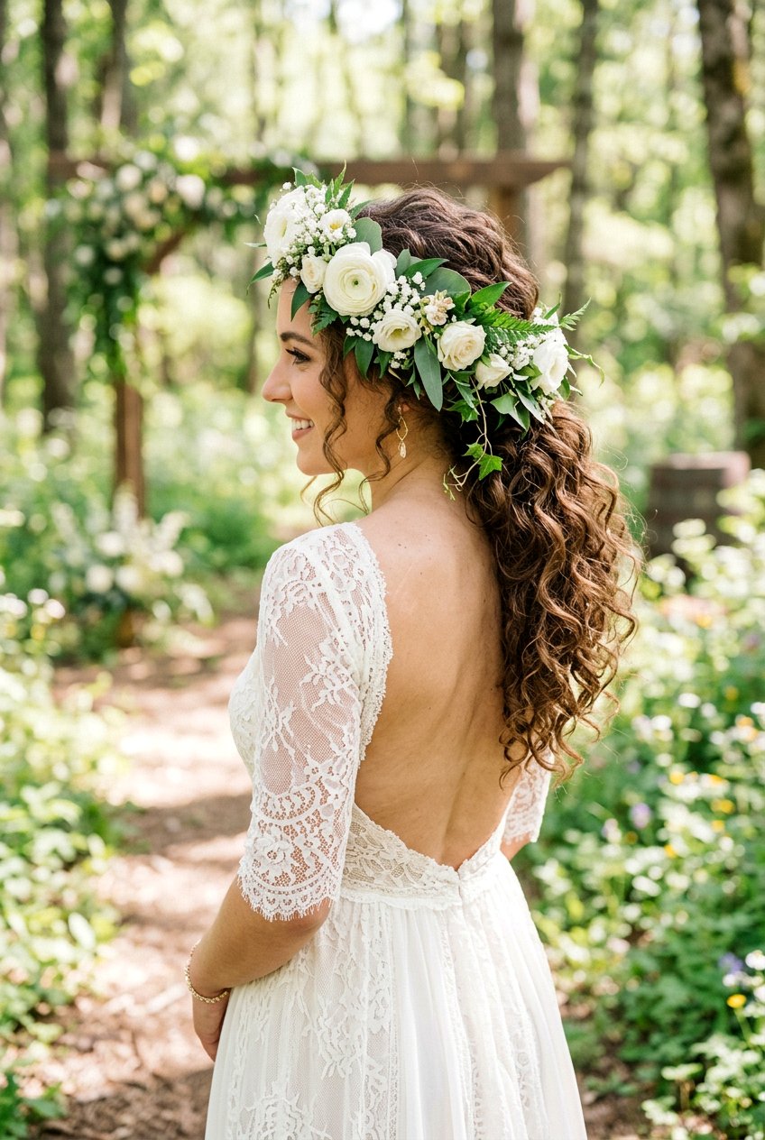 Floral Crown Curly Ponytail - 20 modern bridal ponytail with curls - 20 modern bridal ponytail with curls