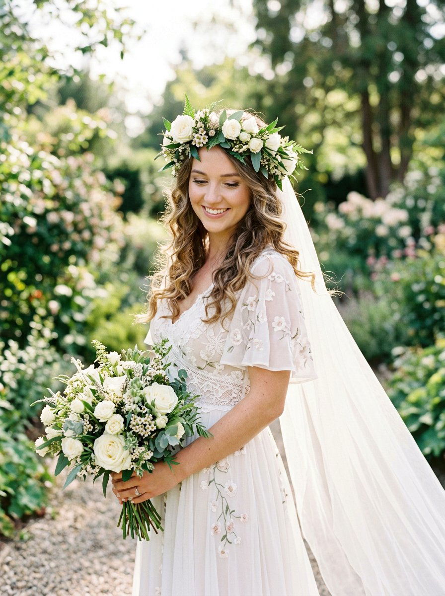 Floral Crown Loose Curls Veil - 20 wedding hairstyles with soft curls and veil - 20 wedding hairstyles with soft curls and veil
