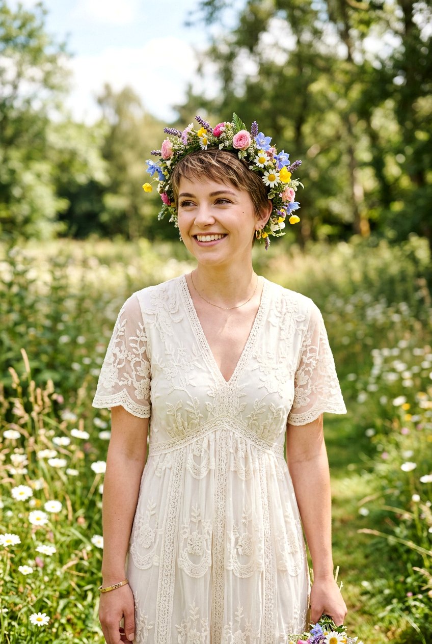 Floral Crown Pixie Hair - 20 bridal hairstyle for short pixie hair - 20 bridal hairstyle for short pixie hair