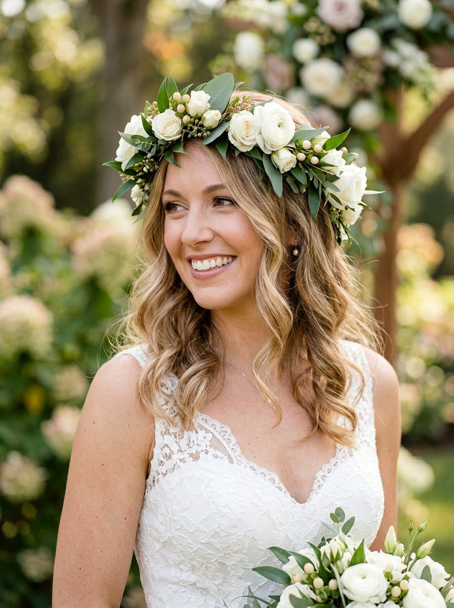 Floral Crown Shoulder Length Wedding Hair - 20 wedding hairstyles for shoulder length hair - 20 wedding hairstyles for shoulder length hair