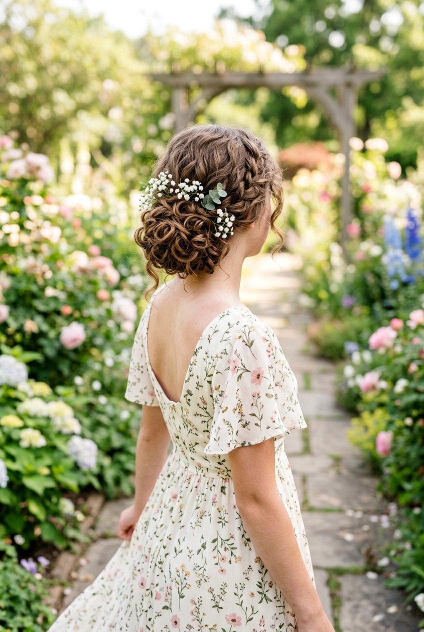 Floral Curly Low Bun - 20 prom hairstyle for teenage girls with curls - 20 prom hairstyle for teenage girls with curls