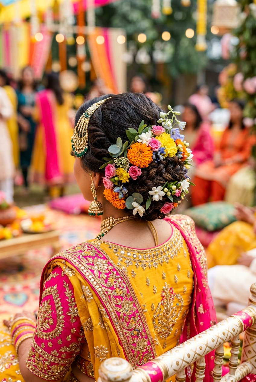 Floral Decorated Bridal Bun For Mehndi - 20 desi bridal bun hairstyle - 20 desi bridal bun hairstyle