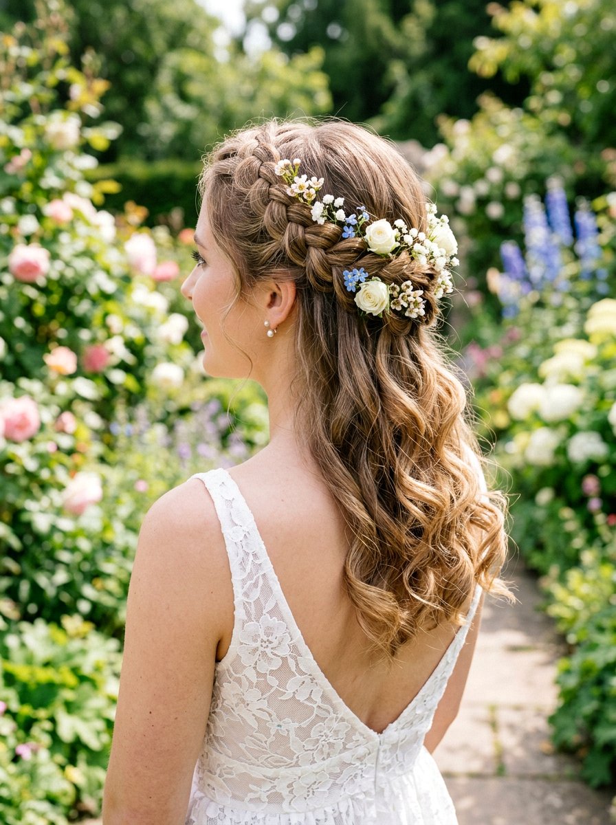 Flower Accent Crown Braid With Loose Curls - 20 crown braid with loose curls - 20 crown braid with loose curls