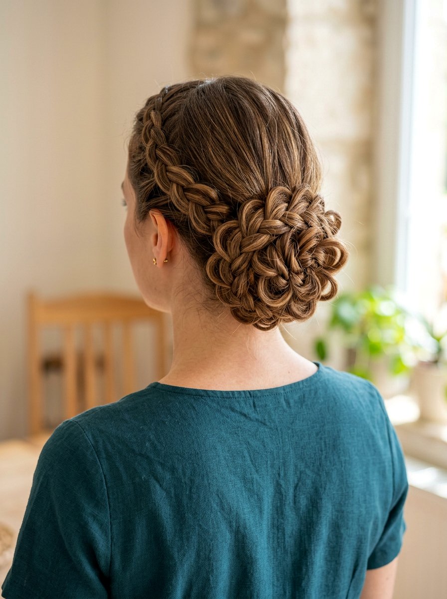Flower Braid Low Bun - 20 office hairstyle with low braid bun - 20 office hairstyle with low braid bun