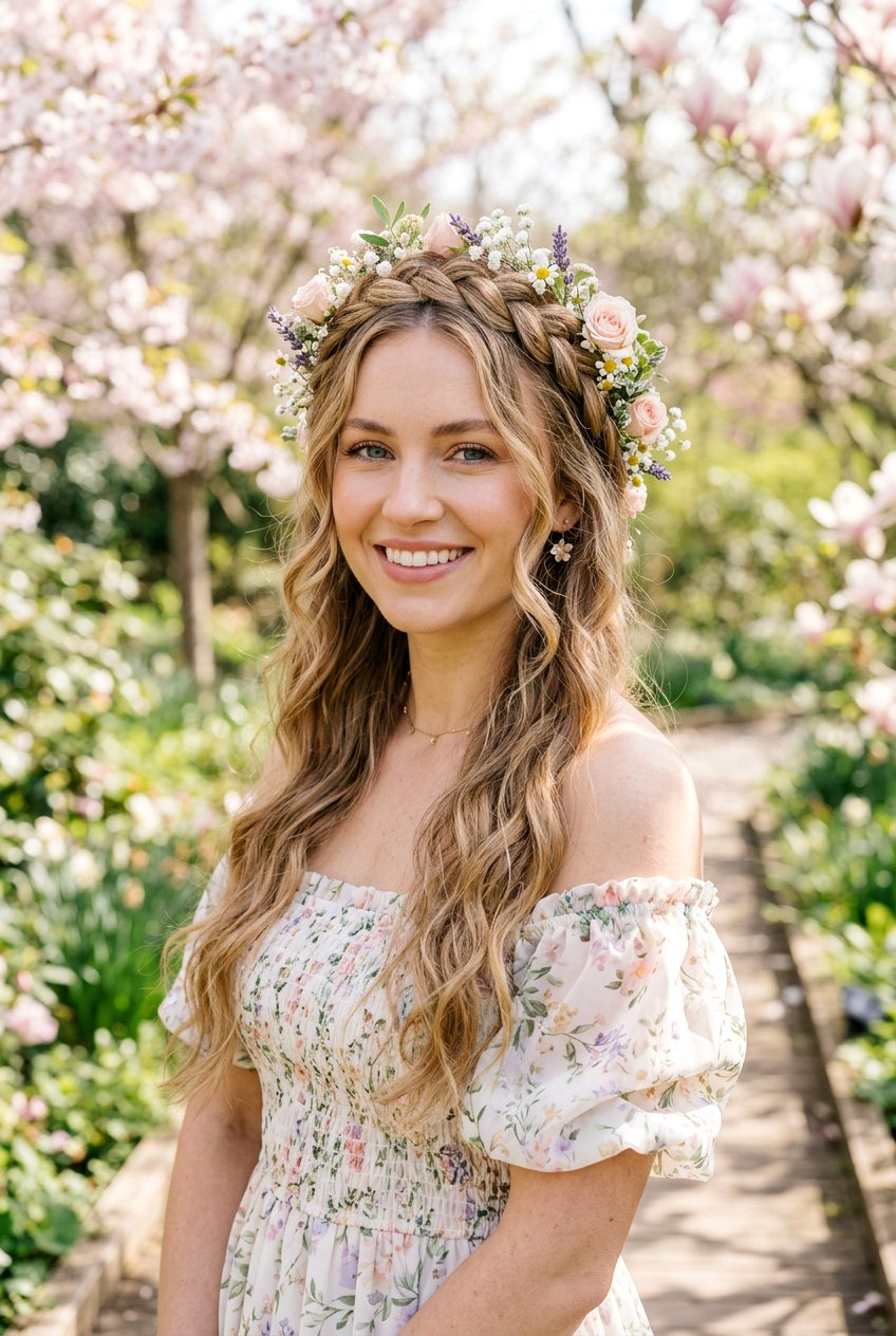 Flower Crown Braid With Loose Waves - 20 flower crown braid hairstyle - 20 flower crown braid hairstyle