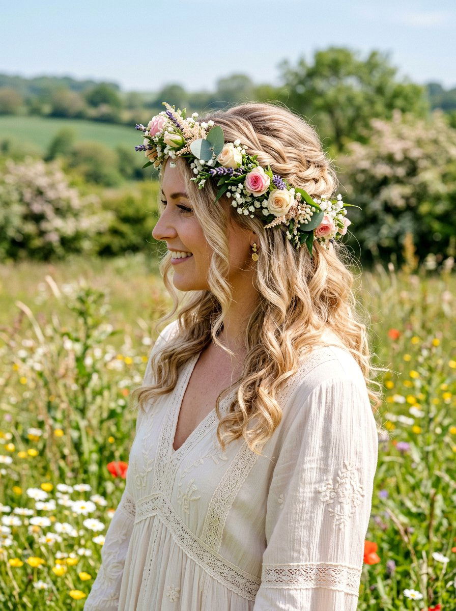 Flower Crown Half Updo - 20 viral wedding hairstyle ideas - 20 viral wedding hairstyle ideas