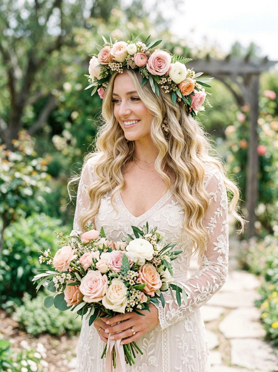 Flower Crown With Loose Waves - 20 wedding hairstyles with flowers - 20 wedding hairstyles with flowers