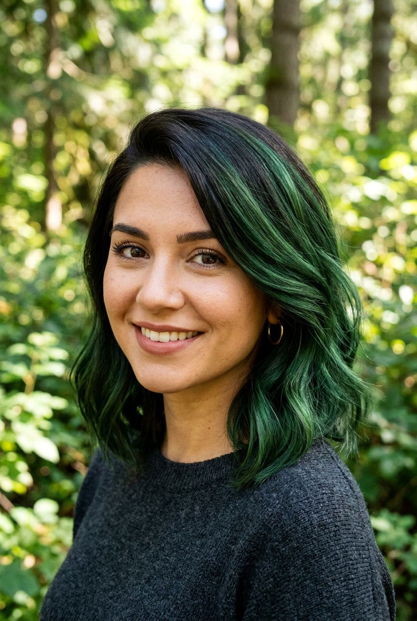 Forest Green Balayage On Dark Hair With Side Part - 20 forest green balayage on dark hair - 20 forest green balayage on dark hair