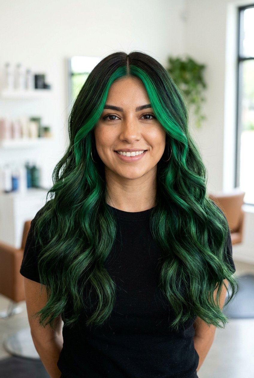 Forest Green Balayage With Face Framing Pieces - 20 forest green balayage on dark hair - 20 forest green balayage on dark hair
