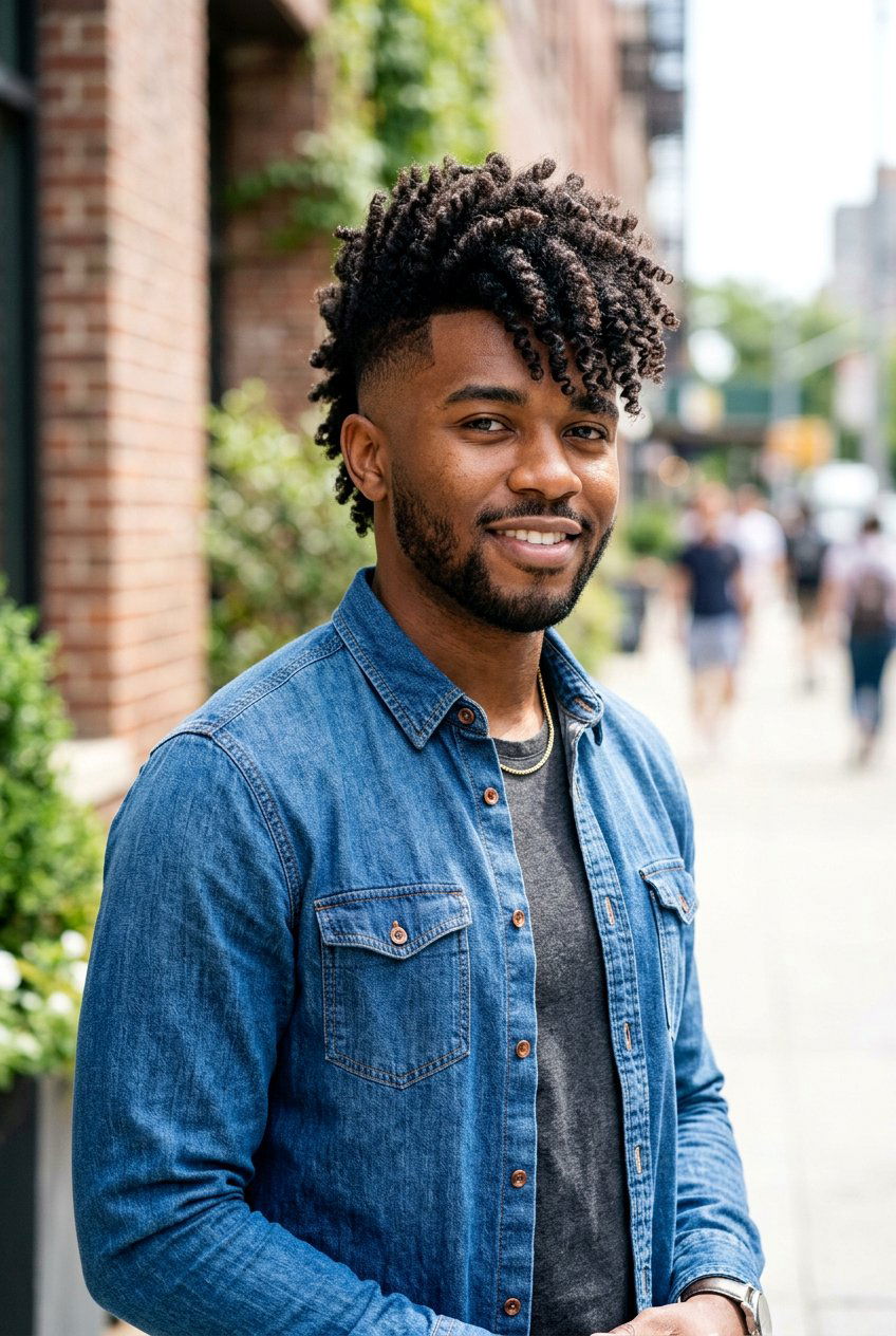 Forward Swept Curly Burst Mohawk - 20 burst fade mohawk men curly hair - 20 burst fade mohawk men curly hair