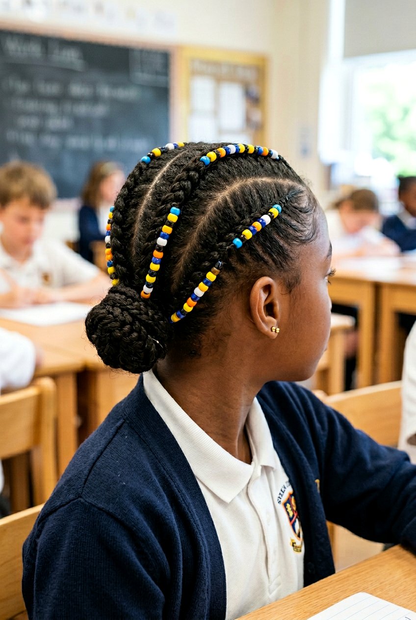 Four Cornrow Sections with Beads into a Low Bun - 20 school cornrow styles for black girls - 20 school cornrow styles for black girls