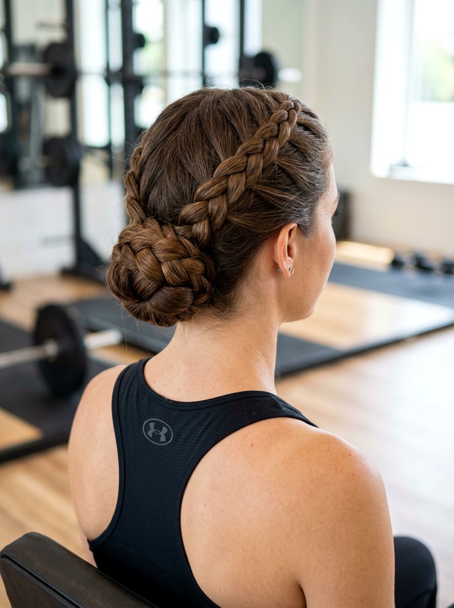 Four Strand Braid Low Bun - 20 gym hairstyle with low braid bun - 20 gym hairstyle with low braid bun