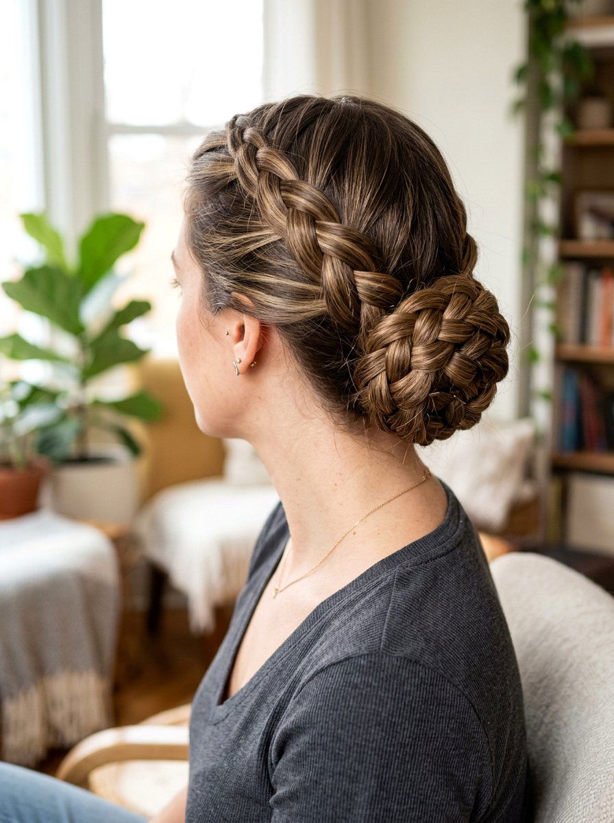 Four Strand Low Braid Bun - 20 office hairstyle with low braid bun - 20 office hairstyle with low braid bun
