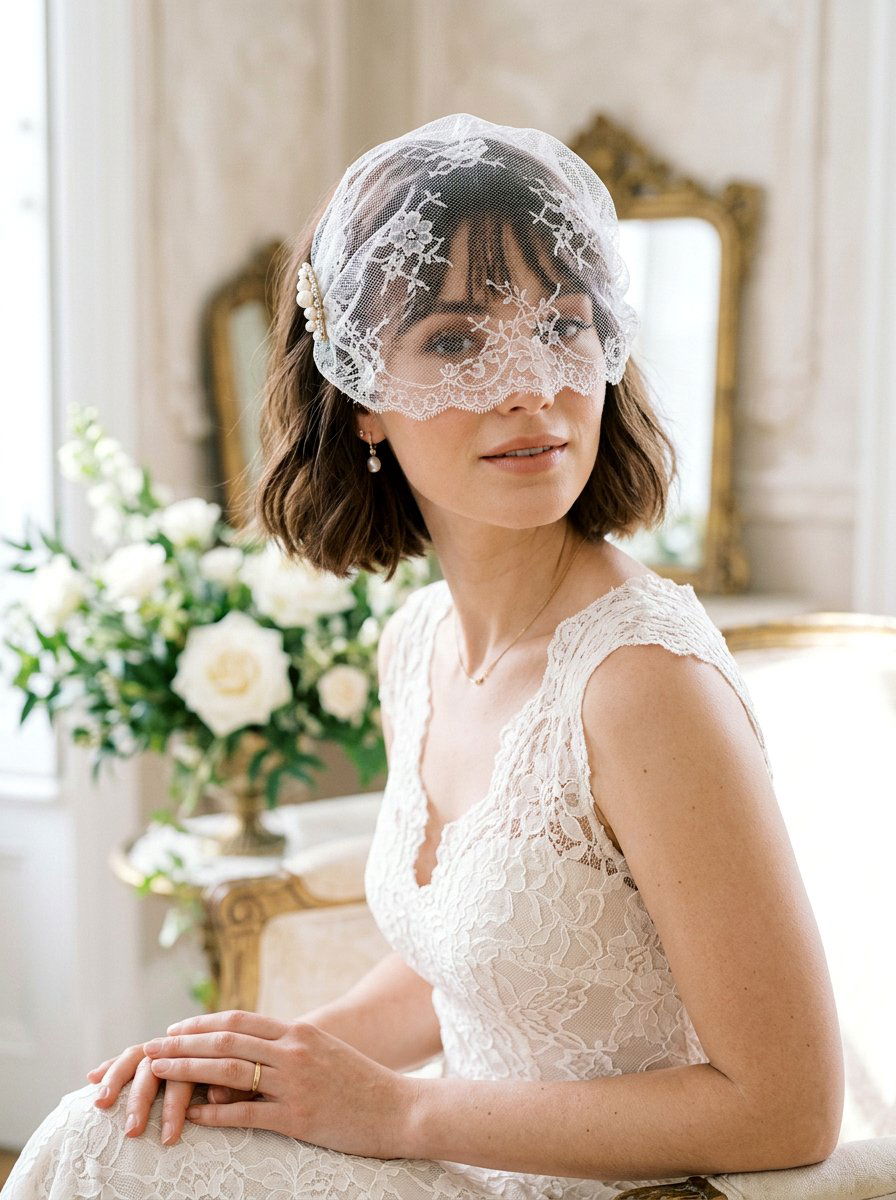 French Bob Birdcage Veil - 20 wedding hairstyles for short bob hair - 20 wedding hairstyles for short bob hair