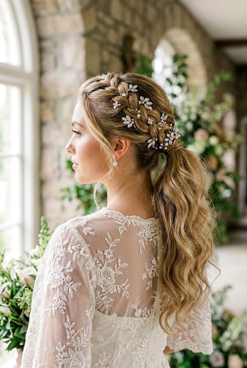 French Braid Bridal Ponytail With Crystal Pins - 20 bridal ponytail with crystal pins - 20 bridal ponytail with crystal pins