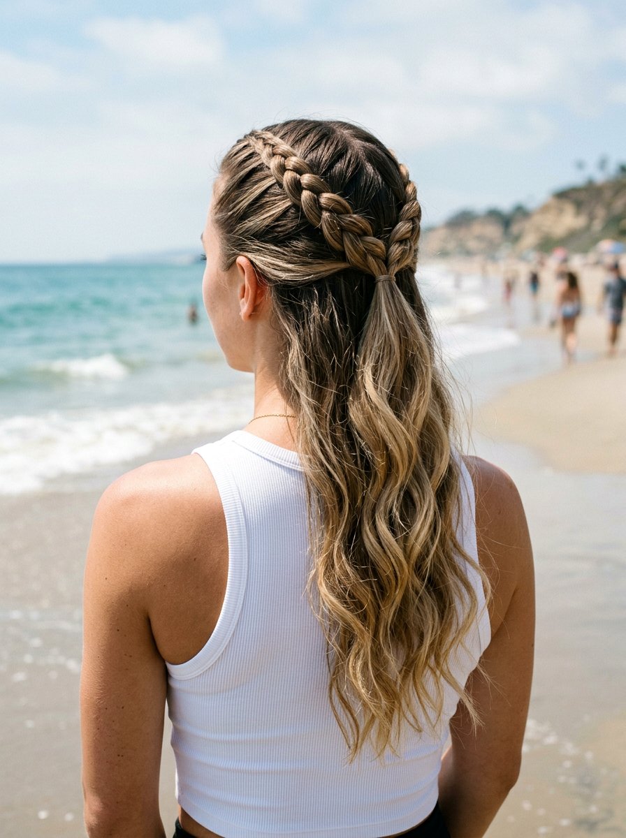 French Braid Half Up Low Beach Waves - 20 vacation hairstyle with low beach waves - 20 vacation hairstyle with low beach waves