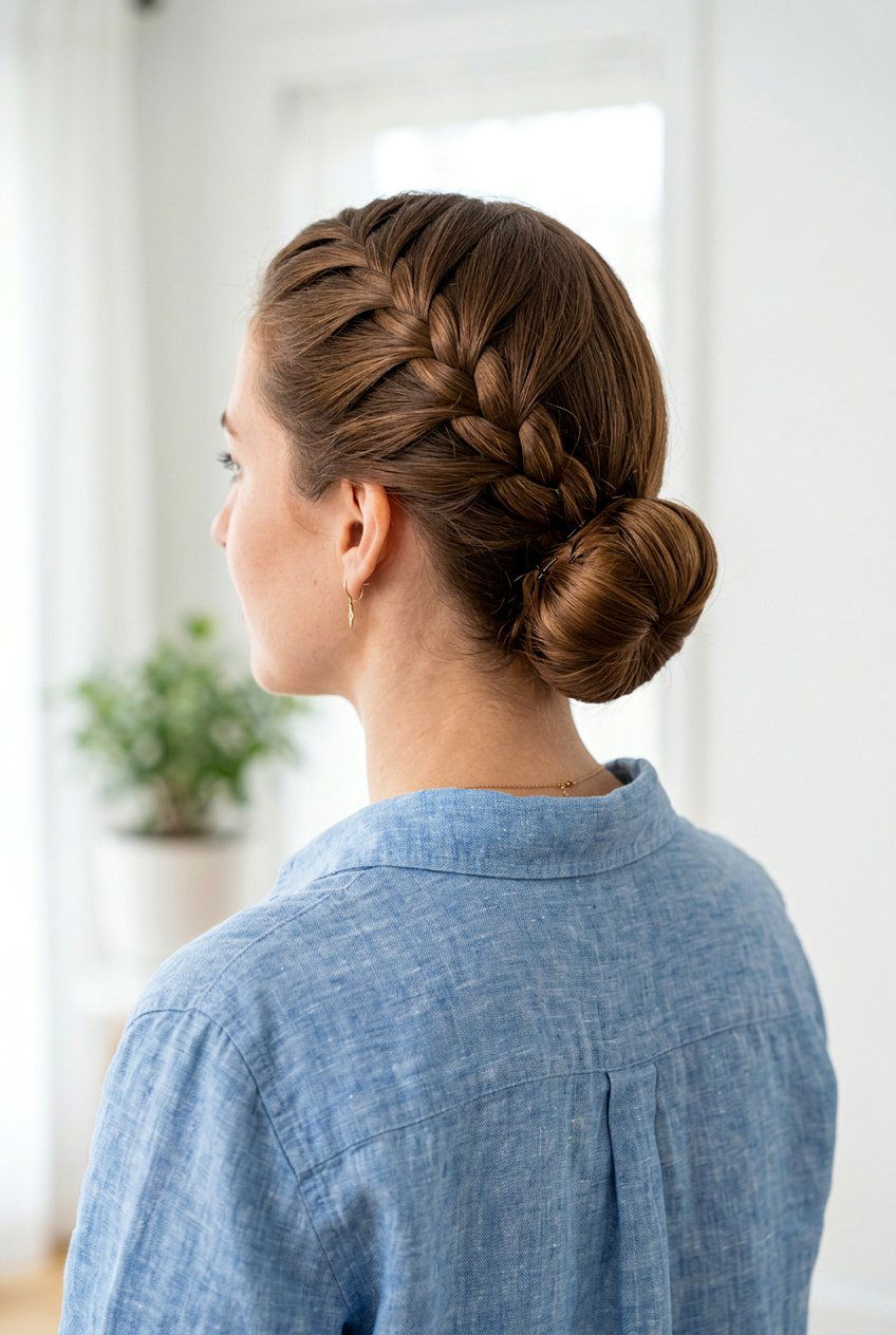 French Braid Low Bun - 20 summer braid hairstyle for medium hair - 20 summer braid hairstyle for medium hair