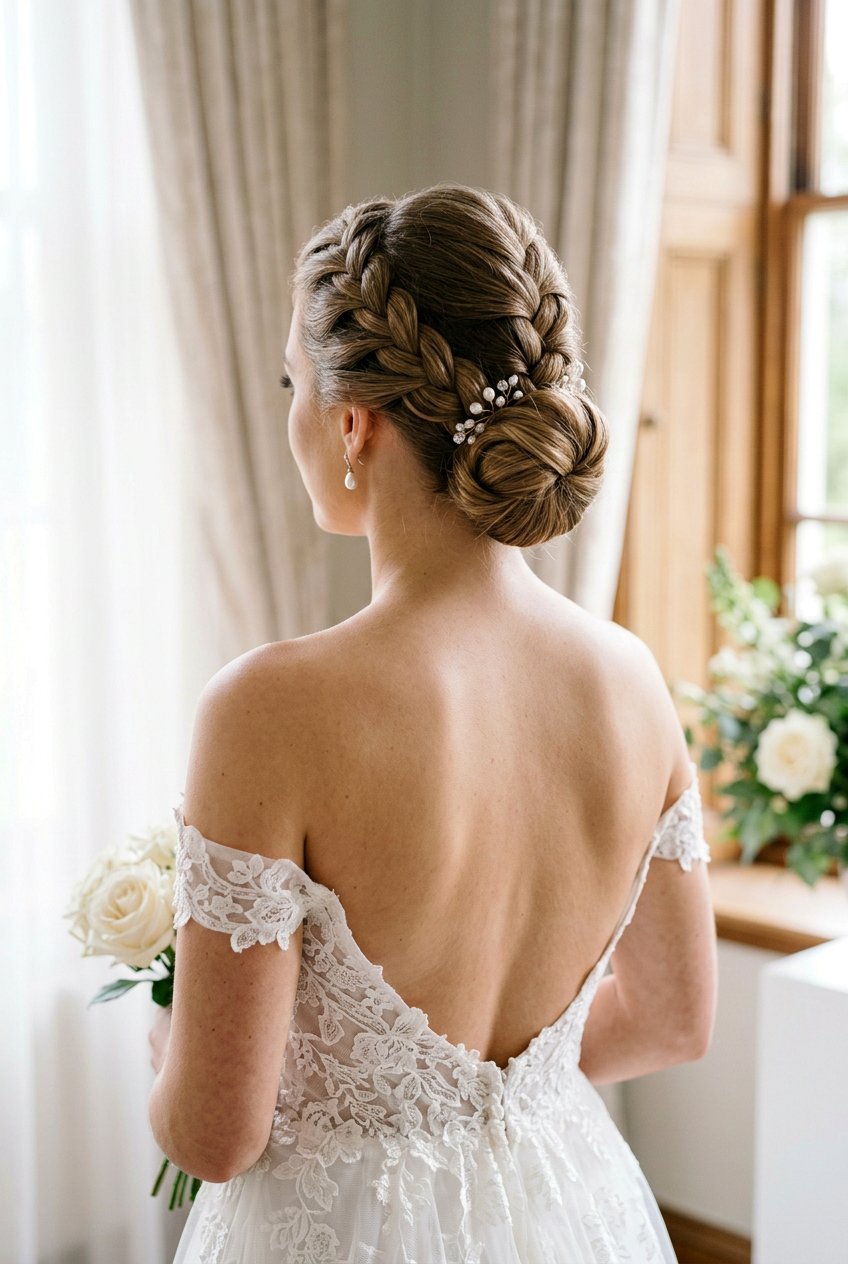 French Braid Low Bun - 20 bridal hairstyle with romantic braid - 20 bridal hairstyle with romantic braid