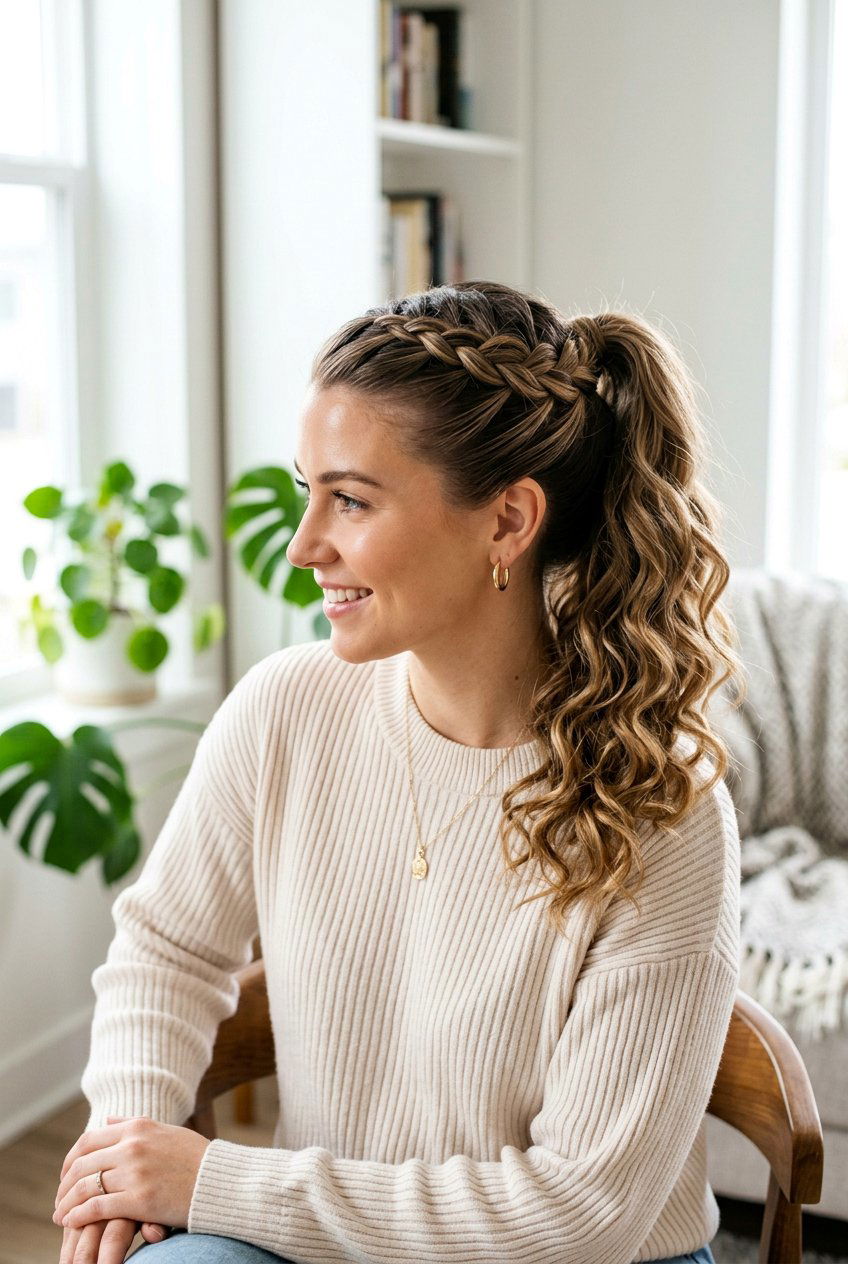 French Braid Ponytail - 20 humidity proof hairstyles for curly hair - 20 humidity proof hairstyles for curly hair