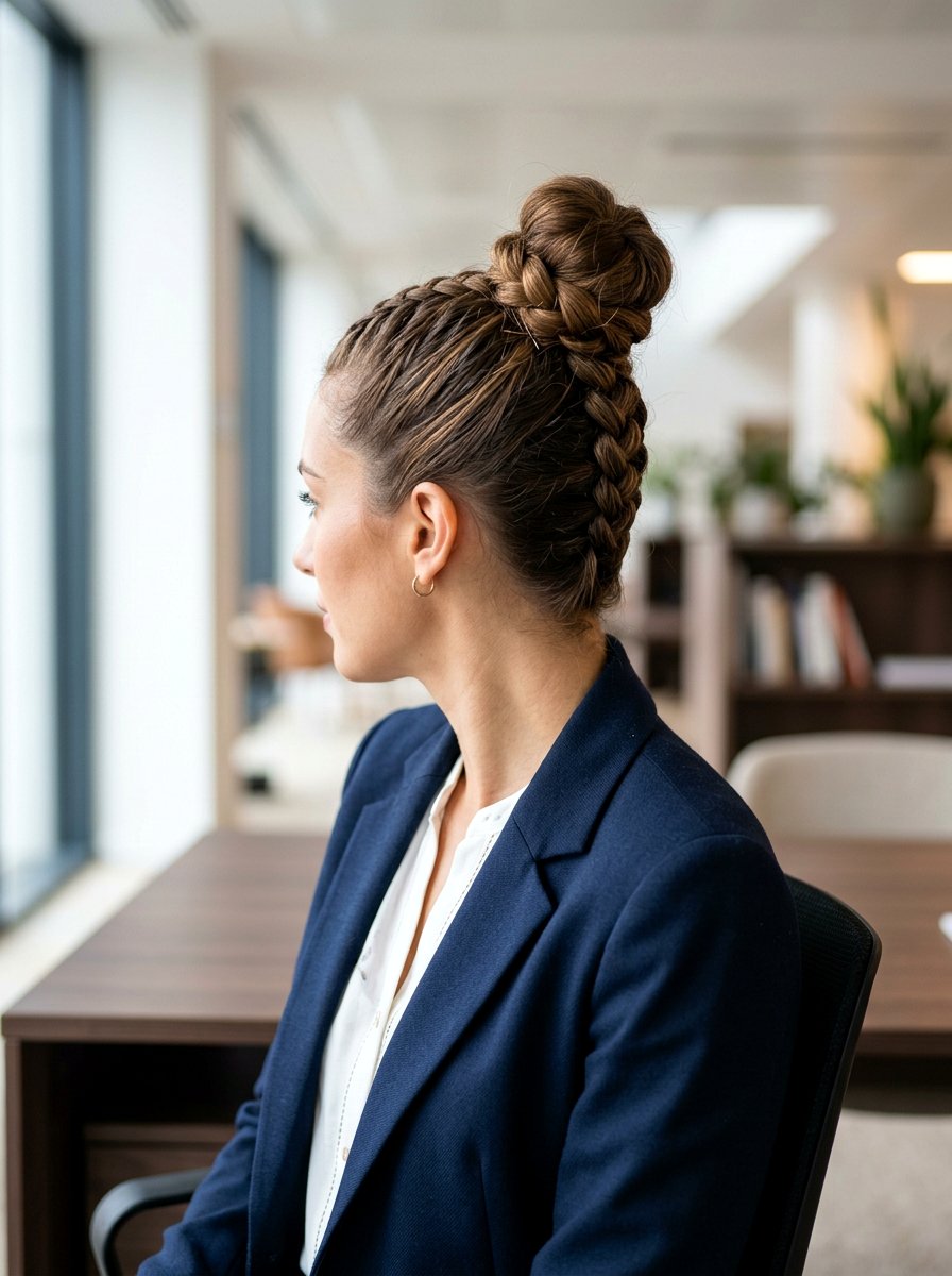 French Braid Top Bun - 20 cute bun hairstyle ideas for work - 20 cute bun hairstyle ideas for work