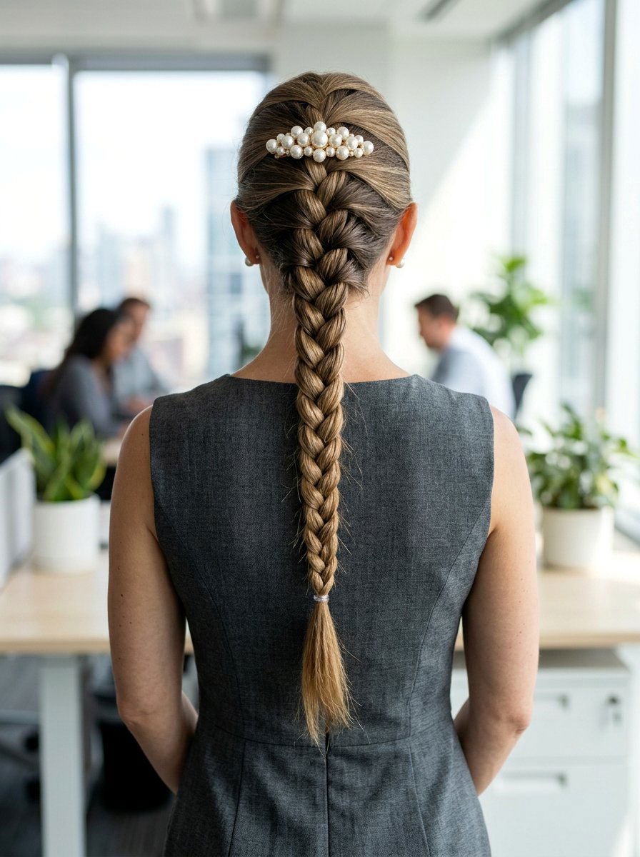 French Braid With Pearl Barrette - 20 office hairstyle with pearl barrette - 20 office hairstyle with pearl barrette