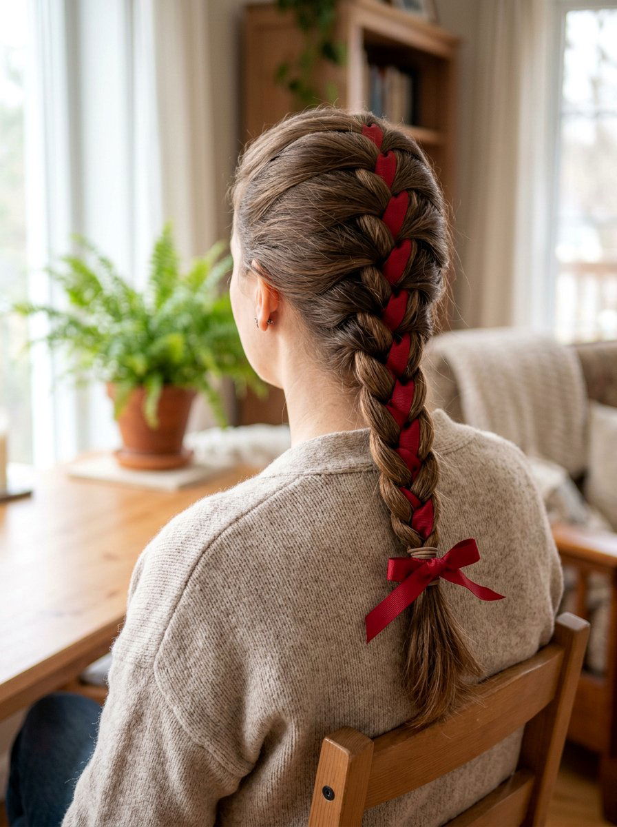 French Braid With Red Ribbon - 20 red ribbons for medium brown hair - 20 red ribbons for medium brown hair