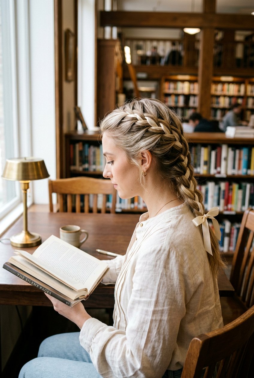 French Braid With Ribbon - 20 light academia braid hairstyle - 20 light academia braid hairstyle